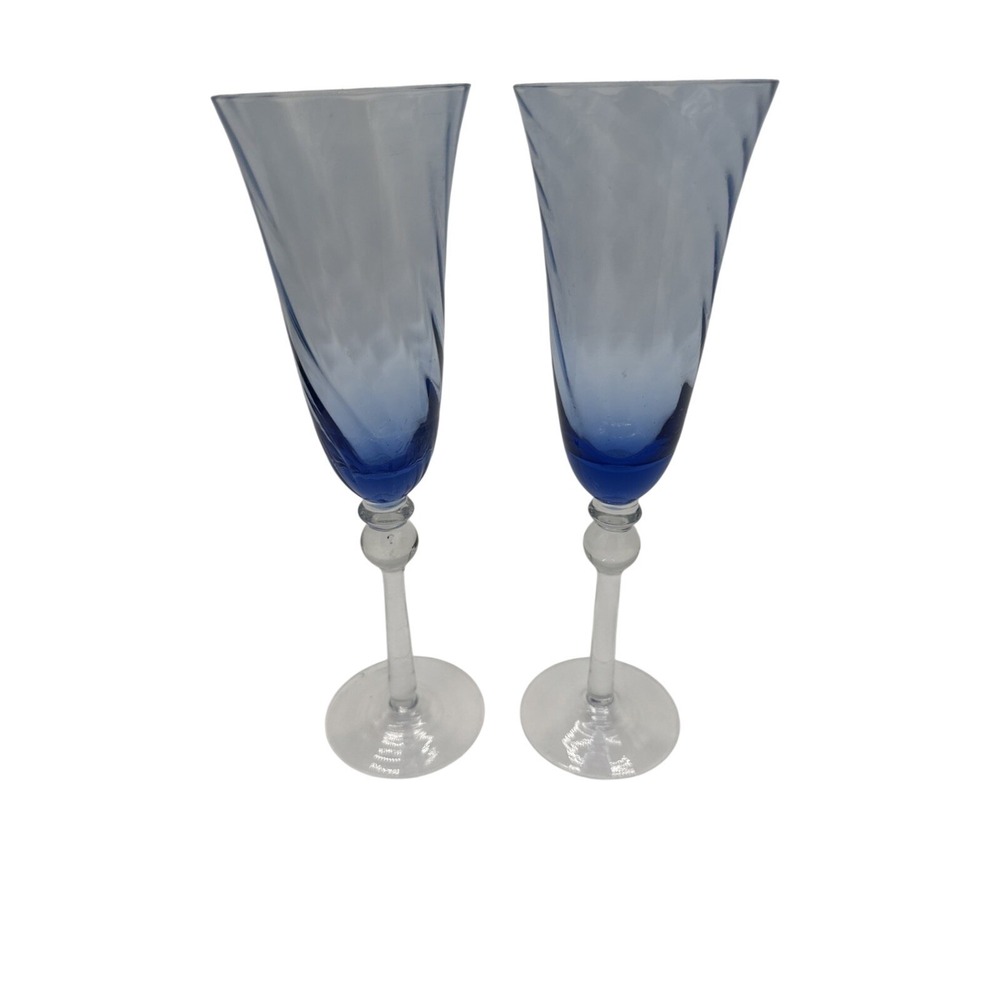 Set of 8 Vintage Cobalt Blue Stem Champagne Flutes Crystal 8.75" Handmade